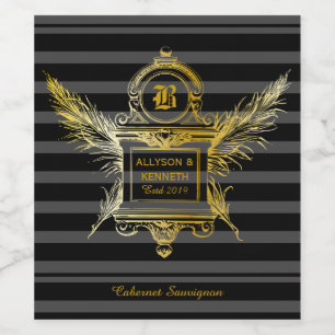 Antique Quill Feathers Classic Gold Frame Monogram Wine Label