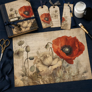 Antique Red and Cream Poppies Decoupage Paper