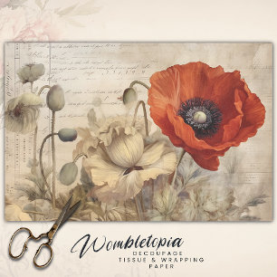 Antique Red and Cream Poppies Decoupage Paper