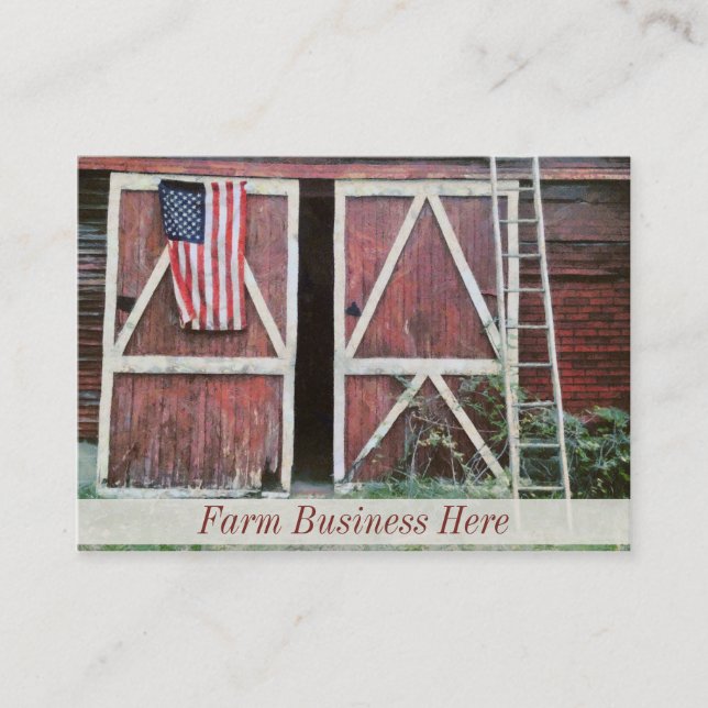 Antique Red Barn Doors With a Flag and Old Ladder Business Card (Front)