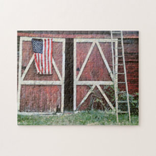 Antique Red Barn Doors With Flag & Orchard Ladder Jigsaw Puzzle