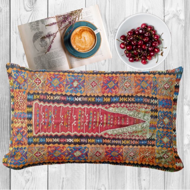 Antique Red, Blue and Orange Turkish Prayer Kilim Lumbar Pillow (Creator Uploaded)