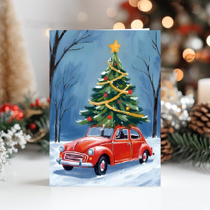 Antique Red Car Christmas Tree Holiday Card