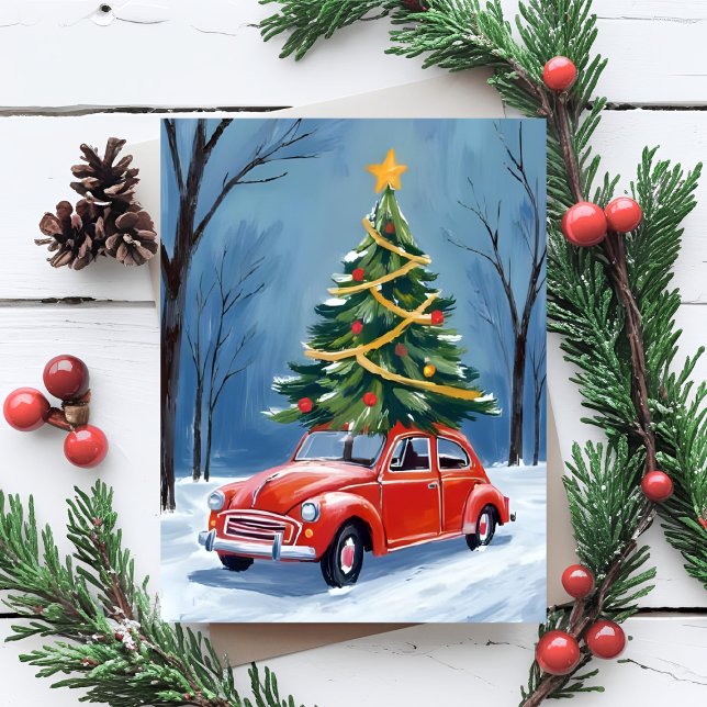 Antique Red Car Christmas Tree Holiday Postcard (Creator Uploaded)