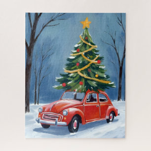 Antique Red Car Christmas Tree Jigsaw Puzzle