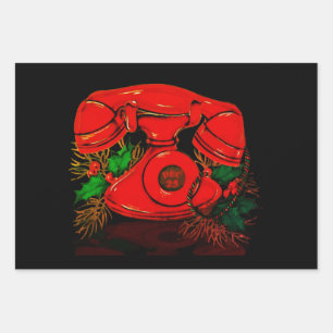 Antique Red Christmas Telephone Gift Wrapping Paper Sheet