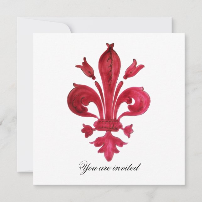 ANTIQUE RED FLEUR DE LIS Damask Gem Monogram Invitation (Front)