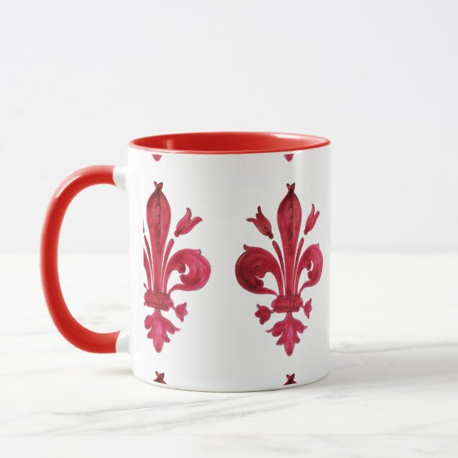 ANTIQUE RED FLEUR DE LIS IN WHITE Heraldic Floral  Mug (Left)