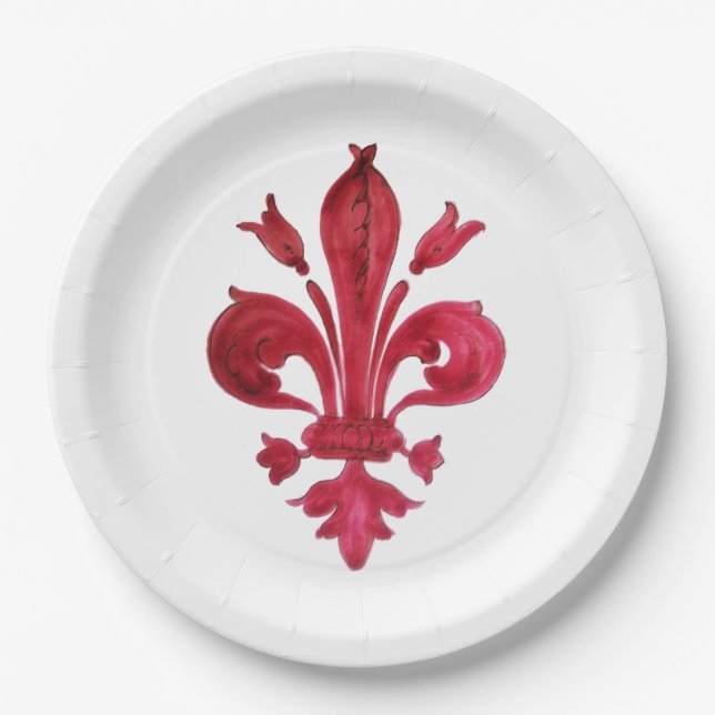 ANTIQUE RED FLEUR DE LIS IN WHITE Heraldic Floral  Paper Plate (Front)