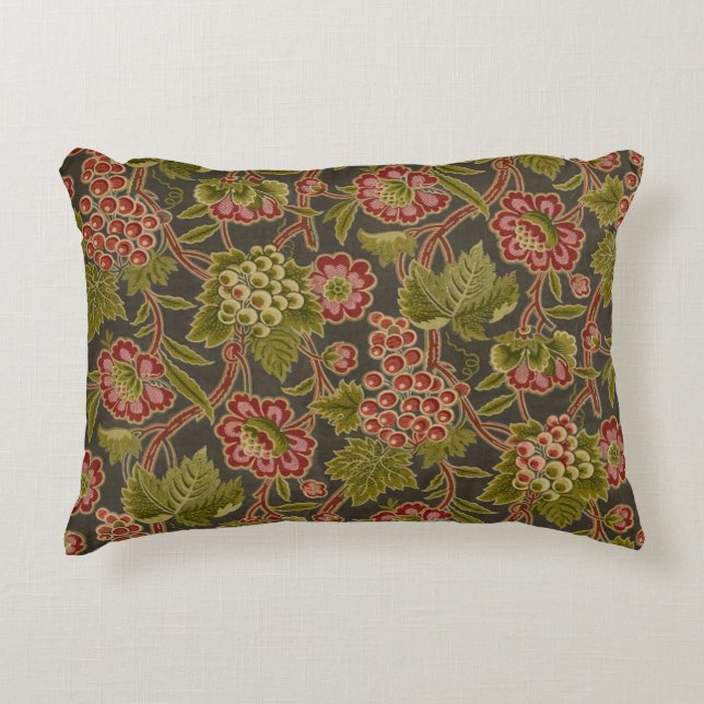 Antique Red Floral and Grapes Botanical Pattern Accent Pillow (Front)