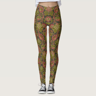 Antique Red Floral and Grapes Botanical Pattern Leggings