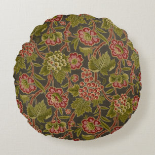 Antique Red Floral and Grapes Botanical Pattern Round Pillow