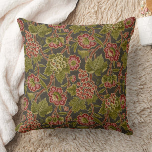 Antique Red Floral and Grapes Botanical Pattern Throw Pillow