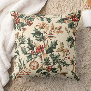 Antique Red Green Holly Bronze Ornament Winter Throw Pillow