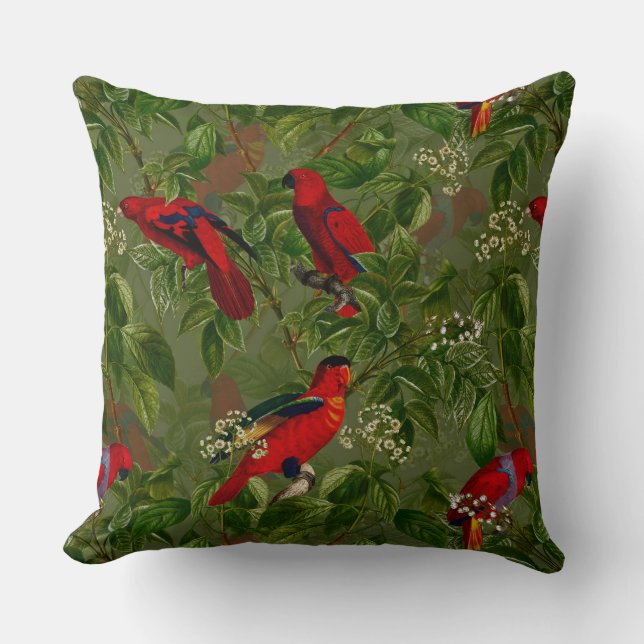 Antique Red Parrot Floral Jungle Pattern Throw Pillow (Front)