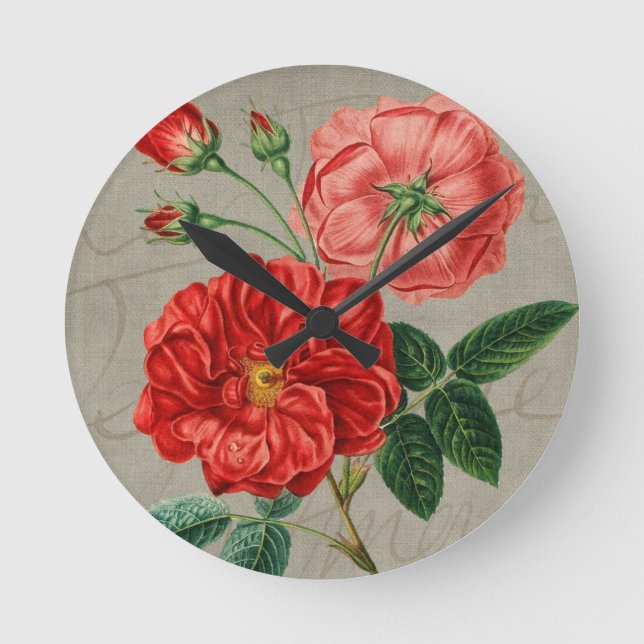 Antique Red Rose Art on Gray Round Clock (Front)