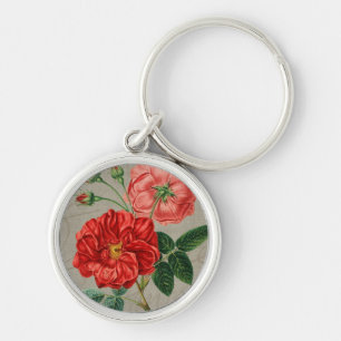 Antique Red Rose Art on Grey Keychain