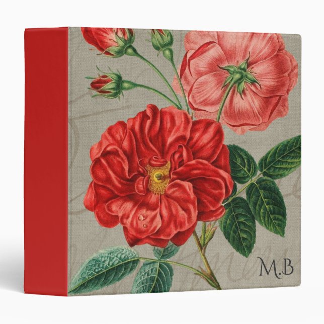Antique Red Rose Art on Grey Monogram Binder (Front/Spine)