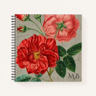 Antique Red Rose Art on Grey Monogram Notebook