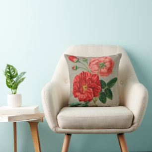 Antique Red Rose Art on Grey Throw Pillow