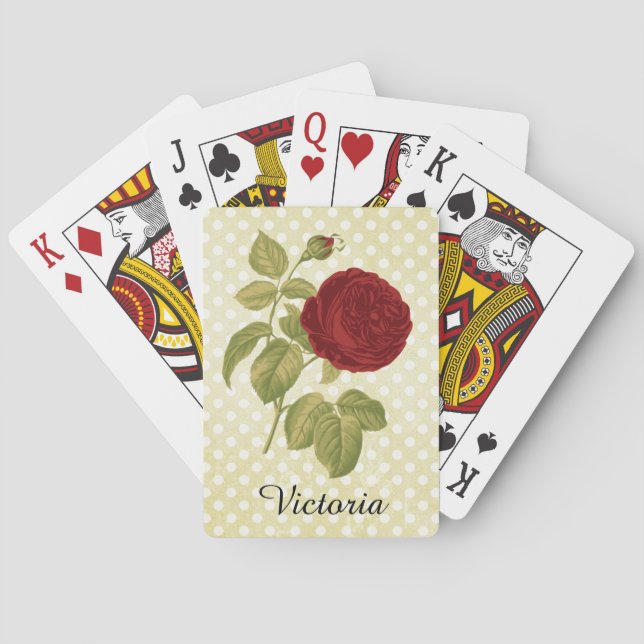 Antique Red Rose Parchment Polka Dots Personalized Playing Cards (Back)