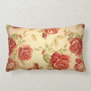 Antique red rose print lumbar pillow