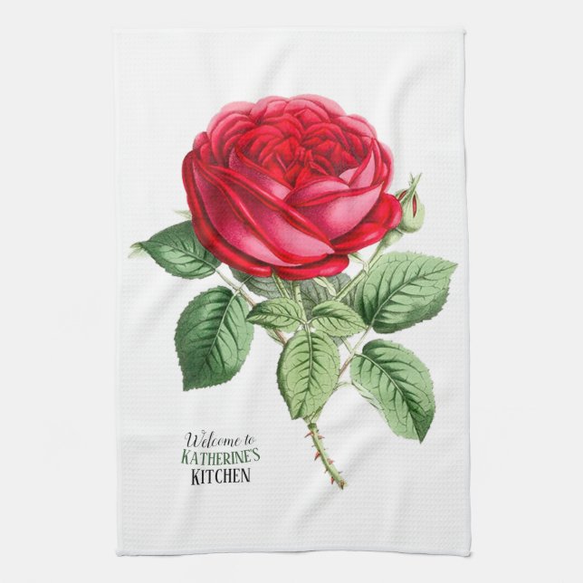 Antique Red Rose - Your Choice of Text Kitchen Towel (Vertical)
