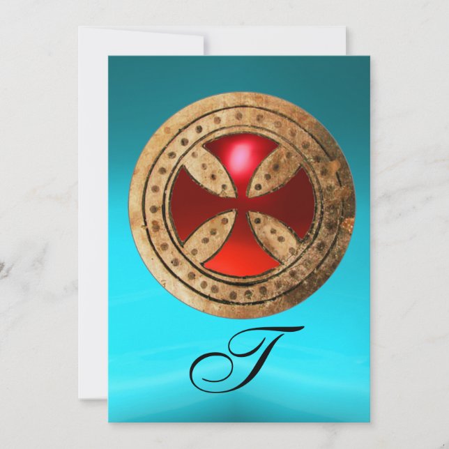 ANTIQUE RED RUBY CROSS  BLUE BLACK DAMASK MONOGRAM INVITATION (Front)