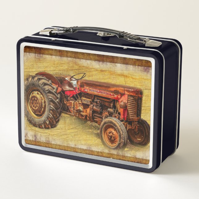 Antique Red Tractor Metal Lunch Box (Back)