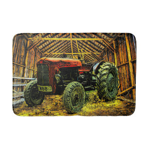 Antique Red Tractor Rustic Barn Bath Mat