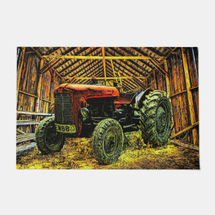 Antique Red Tractor Rustic Barn Doormat