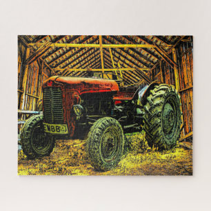 Antique Red Tractor Rustic Barn Jigsaw Puzzle