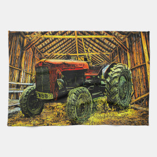 Antique Red Tractor Rustic Barn Kitchen Towel