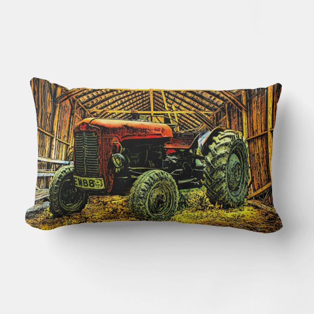 Antique Red Tractor Rustic Barn Lumbar Pillow (Front)