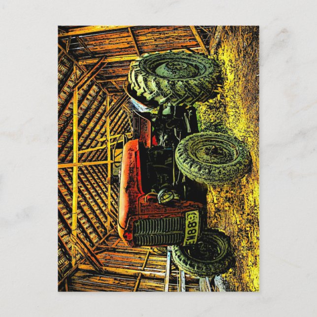 Antique Red Tractor Rustic Barn Postcard (Front)