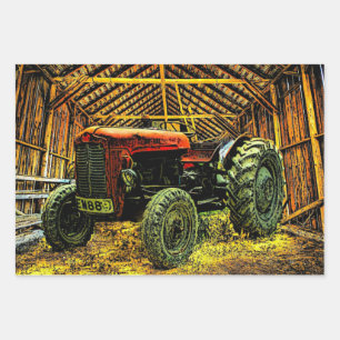 Antique Red Tractor Rustic Barn Wrapping Paper Sheet