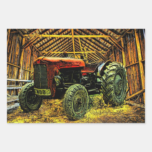 Antique Red Tractor Rustic Barn Wrapping Paper Sheet (Front)