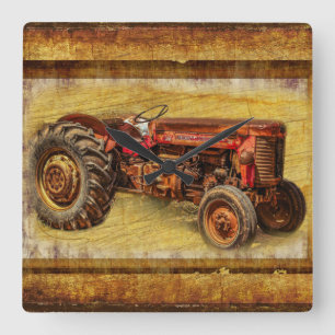 Antique Red Tractor Square Wall Clock