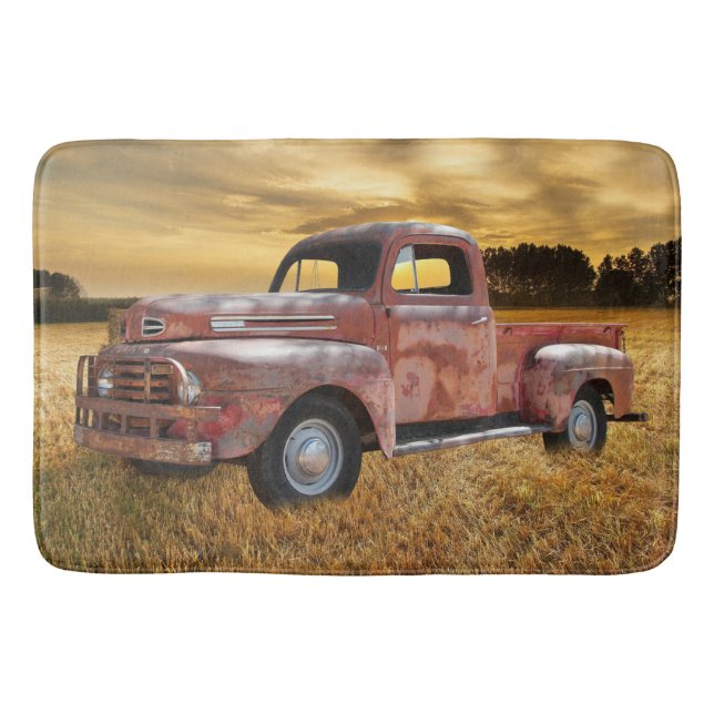 Antique Red Truck Farm Field Bath Mat (Front)