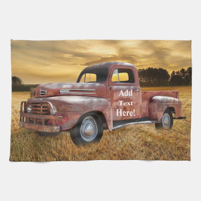 Antique Red Truck Farm Field Sunset Kitchen Towel (Horizontal)