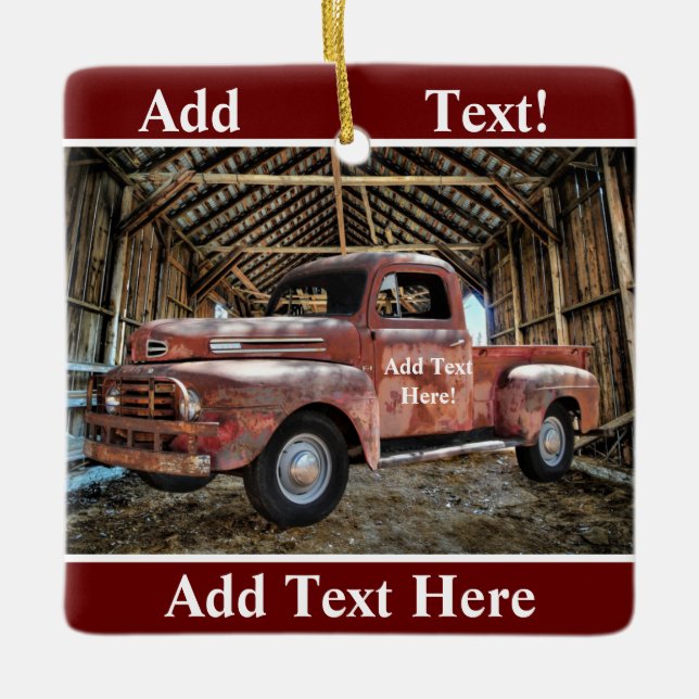 Antique Red Truck In Rustic Barn Ceramic Ornament (Front)