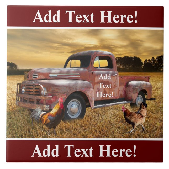 Antique Red Truck Rooster Hen Farm Field Sunset Tile (Front)