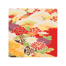Antique Red White Japanese Kimono Floral Flower