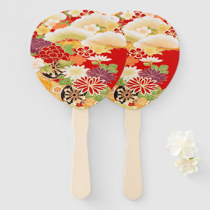 Antique Red White Japanese Kimono Floral Flower Hand Fan