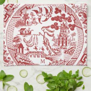 Antique Red Willow China Pattern Vintage Monogram Kitchen Towel