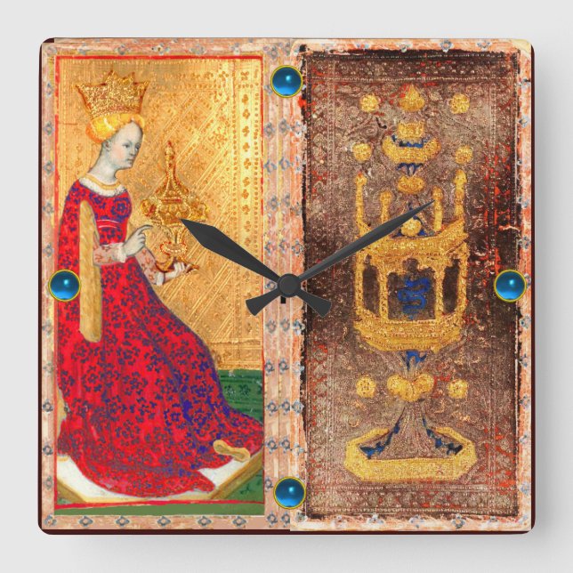 ANTIQUE RENAISSANCE TAROT/ACE AND QUEEN OF CUPS SQUARE WALL CLOCK (Front)