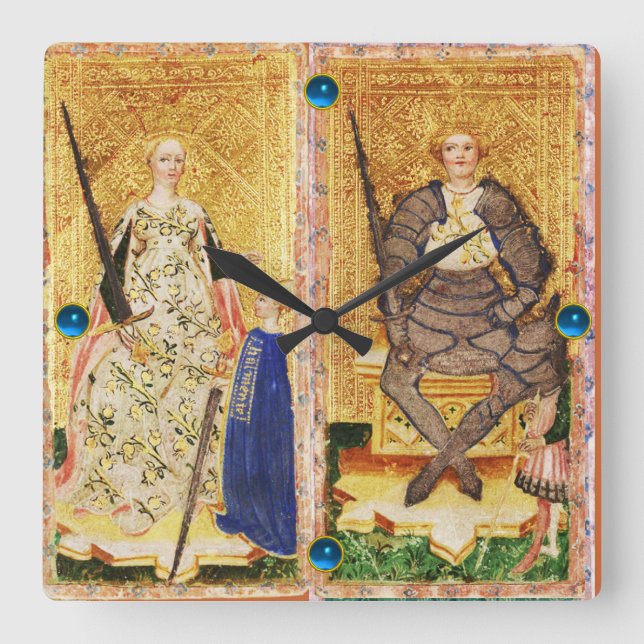ANTIQUE RENAISSANCE TAROT/KING AND QUEEN OF SWORDS SQUARE WALL CLOCK (Front)