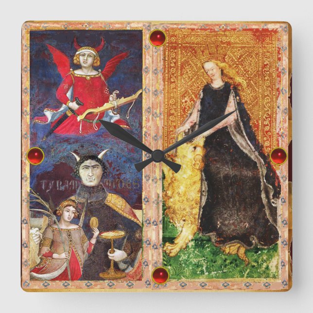 ANTIQUE RENAISSANCE TAROTS THE DEVIL AND FORTITUDE SQUARE WALL CLOCK (Front)