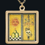ANTIQUE RENAISSANCE TAROTS /THE SUN ,ACE OF SWORDS GOLD PLATED NECKLACE<br><div class="desc">Major Arcana 19 and 13 of an antique deck from Nord Italy .Black white gold yellow colours.Graphic Design and elaboration by Bulgan Lumini .</div>