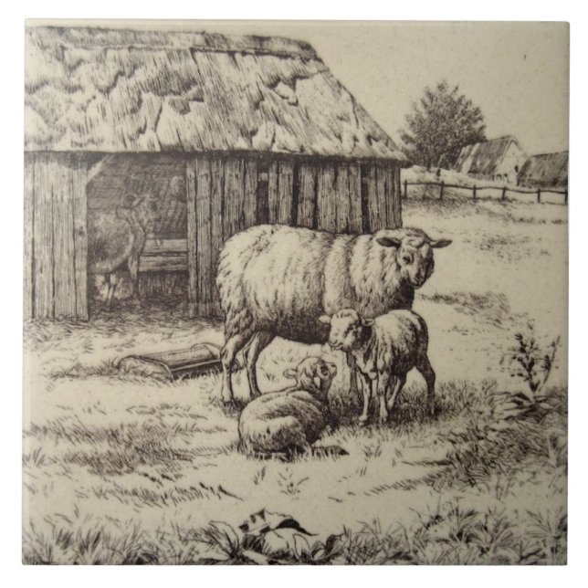 Antique Repro William Wise Sheep Family Sepia Tile (Front)